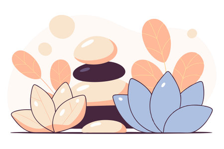 Spa composition with stones and leaves. Vector illustration in flat styleのイラスト素材