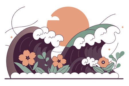 Vector illustration of a sea wave with flowers in the foreground. Summer landscape.のイラスト素材
