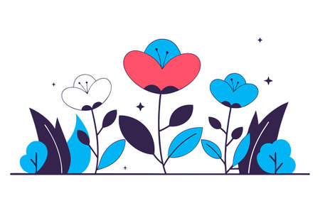 Flowers and leaves. Vector illustration in flat linear style. Spring and summer design.のイラスト素材