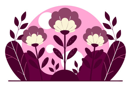Flowers and leaves on a pink background. Flat vector illustration.のイラスト素材