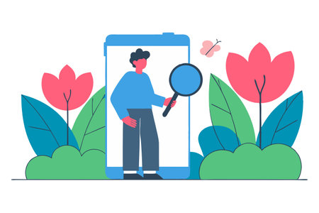 Smartphone with magnifying glass and man. Searching for a new job. Flat vector illustration.のイラスト素材