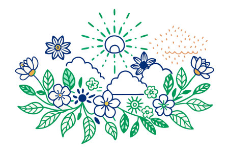 Hand drawn vector illustration with flowers, sun and clouds. Doodle styleのイラスト素材