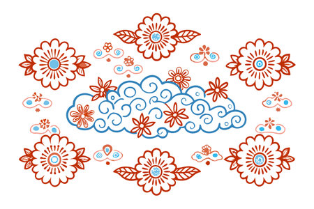 Beautiful folk art with flowers and butterflies. Vector illustration on white background.のイラスト素材