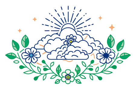 Clouds and sun, flowers, leaves, sunbeams. Vector illustration.のイラスト素材