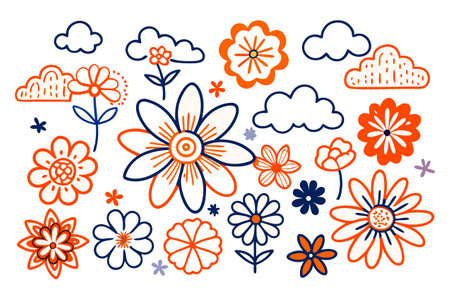 Set of hand drawn doodle flowers and clouds. Vector illustration.のイラスト素材