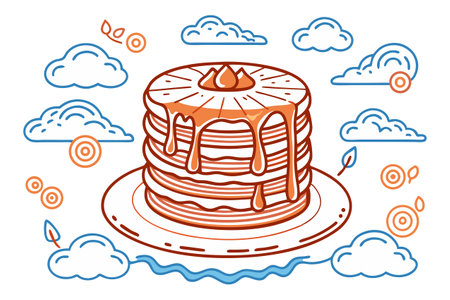 Illustration of a stack of pancakes on a white background with cloudsのイラスト素材