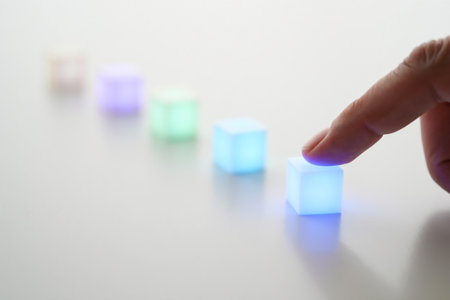 Interactive data with light. Touching blue cube step process blocks.の素材
