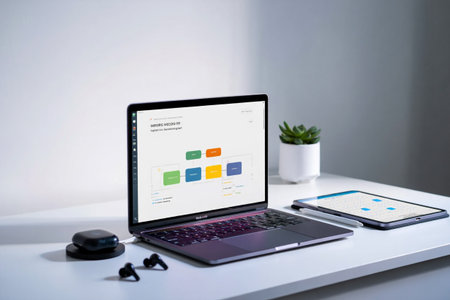 Laptop tablet desk displaying flowchart diagrams. Business strategy management projectの素材
