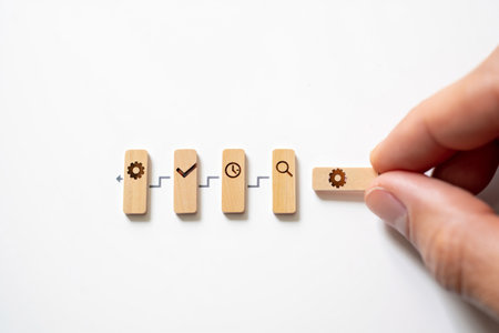 Hand placing gear block. Project management workflow business strategy.の素材