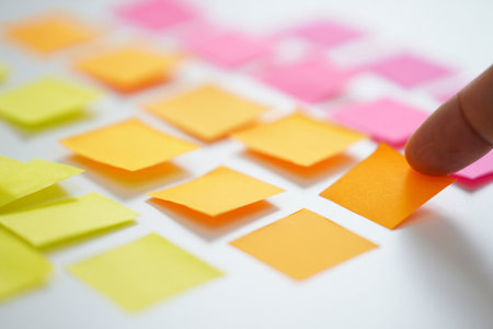 Hand picks orange square sticky note. Choices selection and planning.の素材