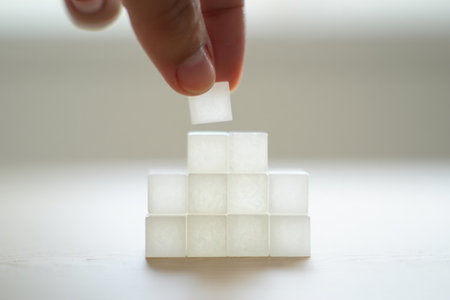 Opaque white cube stacking. Pyramid for building blocks growth.の素材