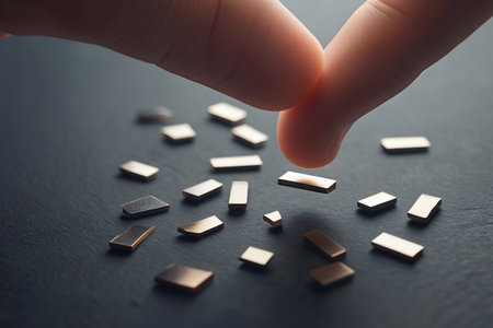 Hand arranging metal pieces. Finance industry concept. Bronze abstract art.の素材