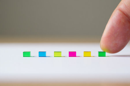 Hand adding colored acrylic block. Construction concept choice precision arrangement.の素材