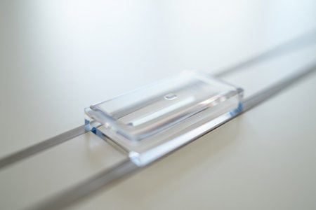 Acrylic block flat on table. Transparent shape with shadow.の素材