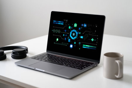 Laptop displaying tech diagram. Modern workplace technology computing. Working online.の素材