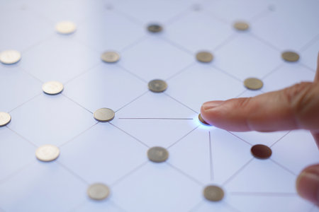 Finger touches node. Network grid connectivity data transmission. Innovation technology.の素材