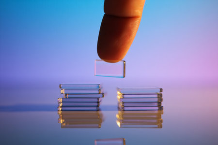 Glass plates with finger. Modern technology concept. Gradient background plates.の素材