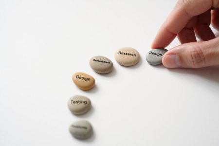 Arrangement of stones. Development research design and testing word. Conceptual planning process.の素材