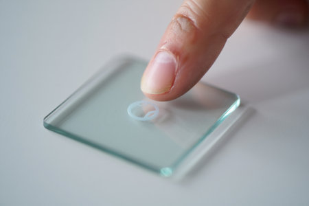 Clear square tile abstract pattern. Data transfer glass technology.の素材
