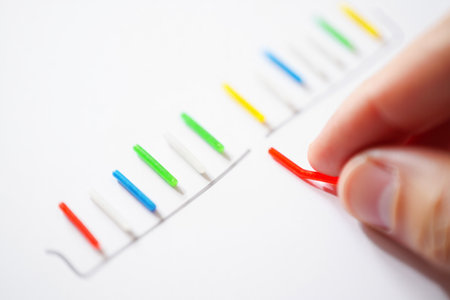 Finger about to put red pin. Row of colorful plastic pegs.の素材
