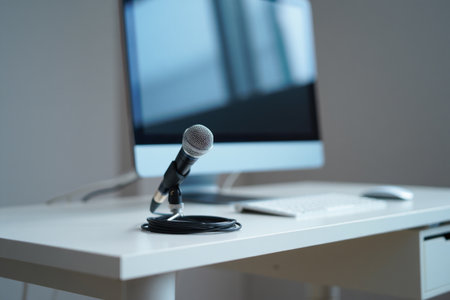 Microphone on white table. Audio equipment and computer display.の素材