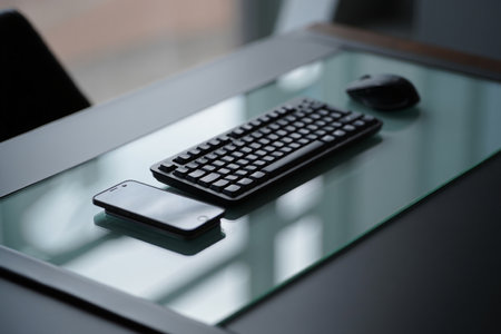 Black keyboard and smart phone on desk. Home office work setup.の素材