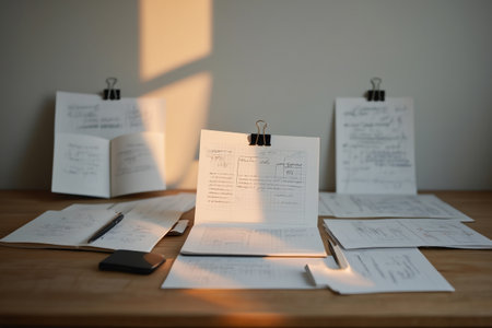 Sketches, pens and phone on desk. Creative process or design thinking concept.の素材