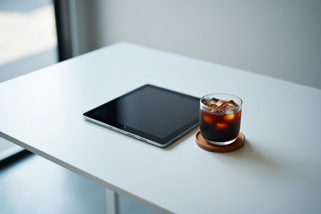 Iced drink on table. Black screen device. Cold brew coffee indoors.の素材