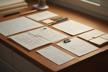 Workplace desk with paper sheets. Writing process business correspondence.の素材