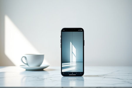 Smartphone displaying interior design. Coffee cup on table mobile technologyの素材