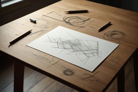 Architectural sketch pencils. Wood table displays technical drawing skill.の素材