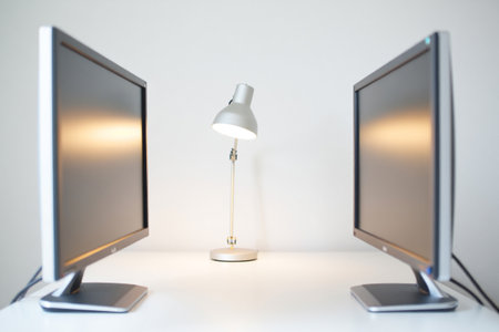 Two computer monitors and desk lamp. Technology setup scene.の素材
