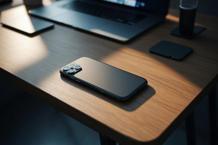 Phone on wooden desk. Laptop and bottle near phone. Workstation concept.の素材