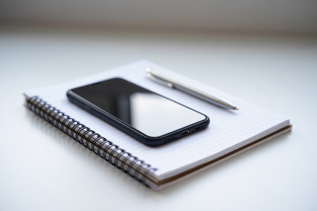Phone pen lying on spiral notebook. Contemporary note taking. Digital conventional.の素材