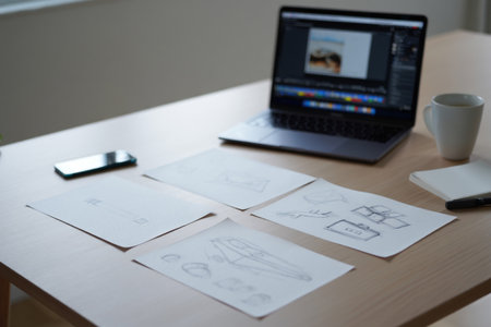 Laptop, sketch, paper, mobile, and coffee on desk. Workspace design.の素材