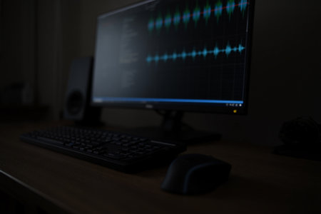 Dark desktop workspace. Computer sound editing software interface. Keyboard mouse.の素材