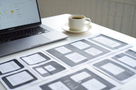 Desk with laptop and coffee. Design sketches. Creative process.の素材