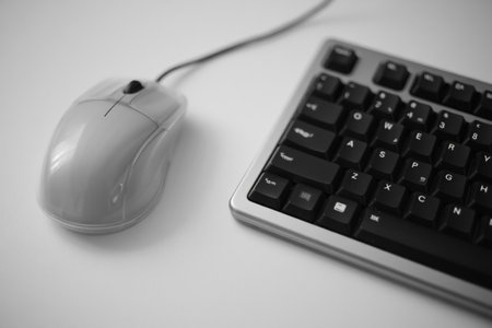Wired mouse with keyboard. Computer equipment, workspace and office work.の素材