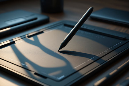 Digital tablet with stylus pen for drawing. Modern technology gadget creative tools on desk.の素材