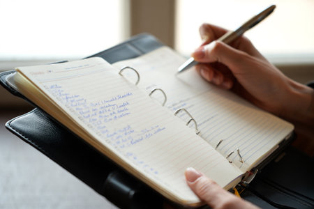 Hand writes in planner. Checklist top view. Planning organizer.の素材