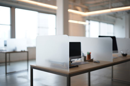 Modern office interior with computer desks. Privacy screens and open workspace.の素材