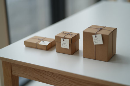 Wrapped cardboard boxes of varying sizes. Minimalist design gifts.の素材