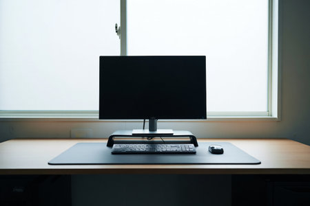 Workspace setup with monitor, keyboard, and mouse. Minimalist design for productivity and focus. Home or office.の素材