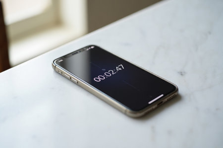 Smartphone displaying timer app on marble. Technology and time management. Productivity and efficiency.の素材