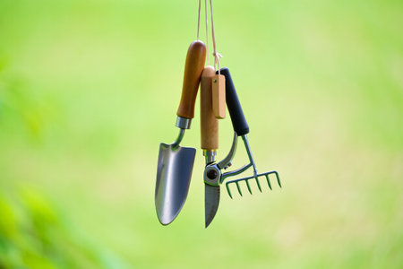 Gardening tools hanging. Backyard garden hobby. Outdoor activity.の素材
