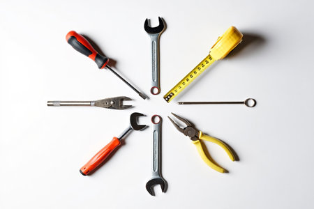 Hand tools arranged. Home improvement instruments construction and organized.の素材