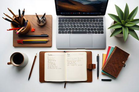 Workspace composition. Laptop and notebook. Coffee cup and plant decor.の素材