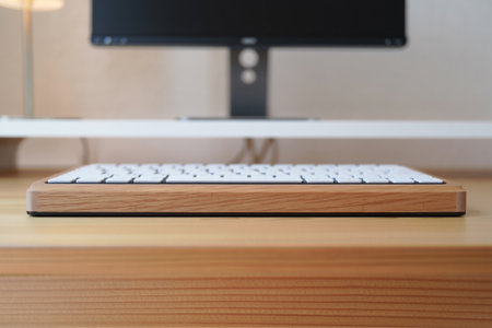 Wooden keyboard on wooden desk. Office interior view. Minimalistic space.の素材