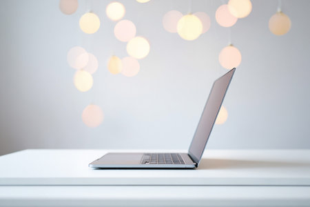 Laptop on white table with bokeh light background. Copy spaceの素材