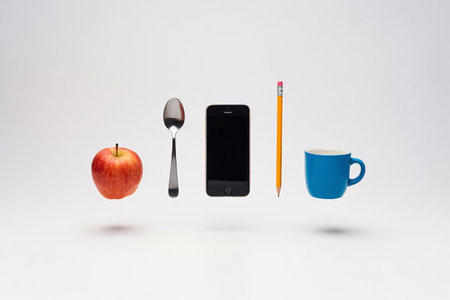 Smartphone, cup of coffee, spoon and apple on white backgroundの素材